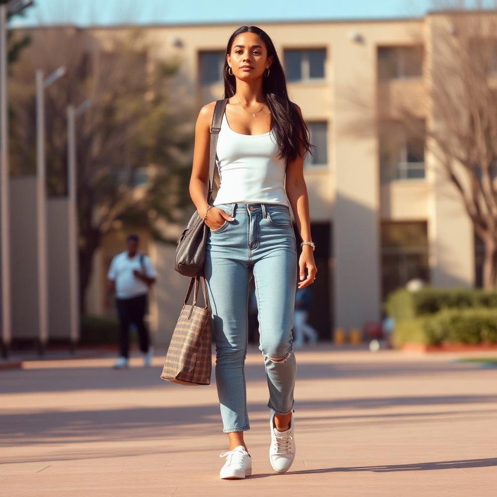 Casual campus look — jeans, white vest and sneakers