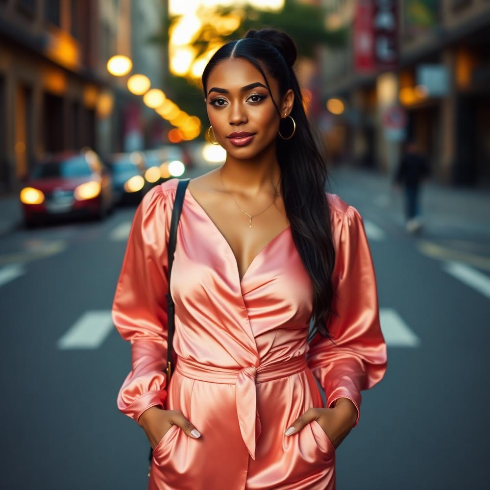 Date-night satin outfit in the city at golden hour