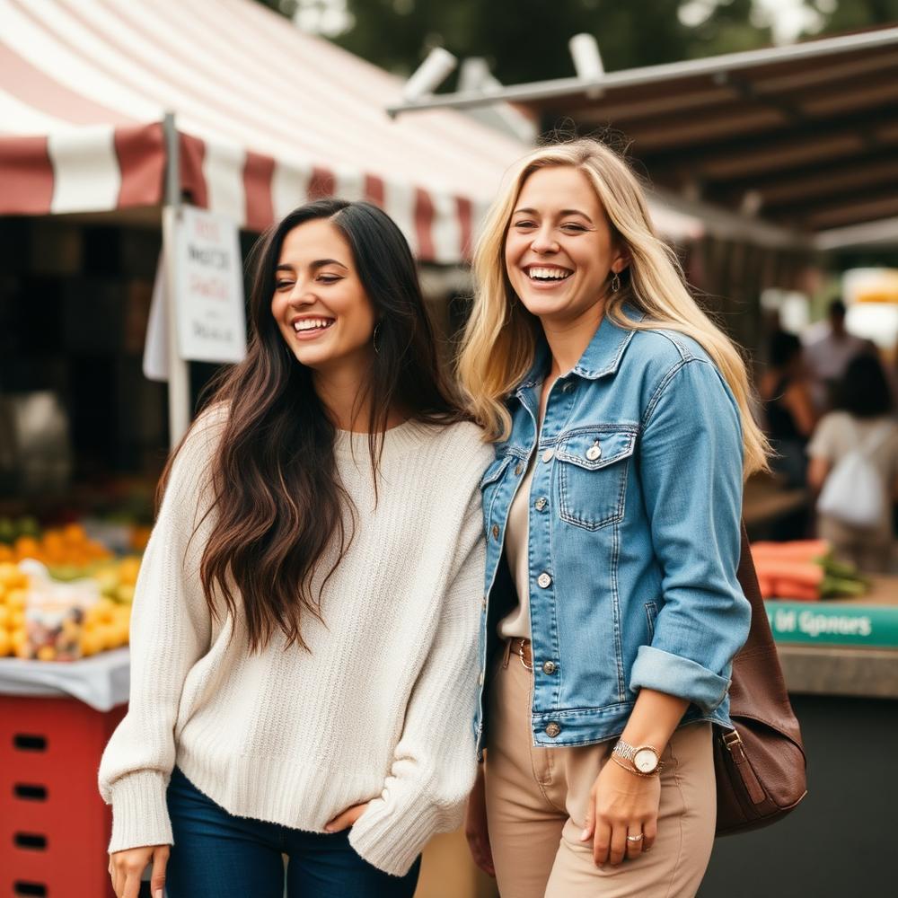 Two friends in relaxed weekend denim and knitwear